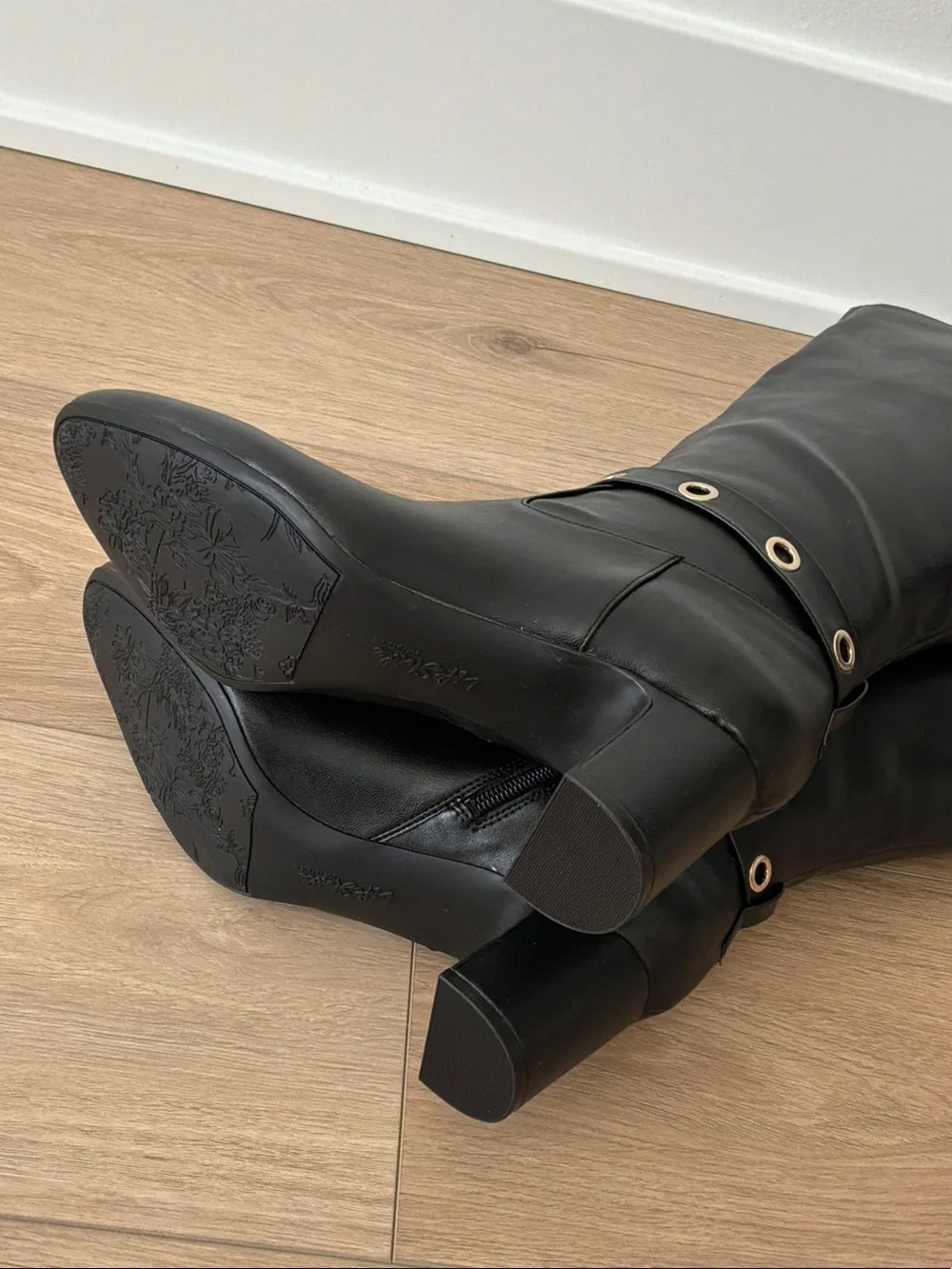 LifeStride Wide Calf Black Tall Block-Heel Boots with Silver Eyelet Strap